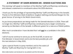 Senedd Member Dawn Bowden won’t be seeking re-election in 2026.