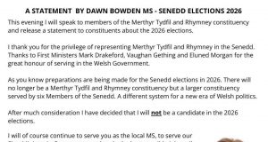 Senedd Member Dawn Bowden won’t be seeking re-election in 2026.