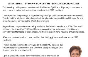 Senedd Member Dawn Bowden won’t be seeking re-election in 2026.