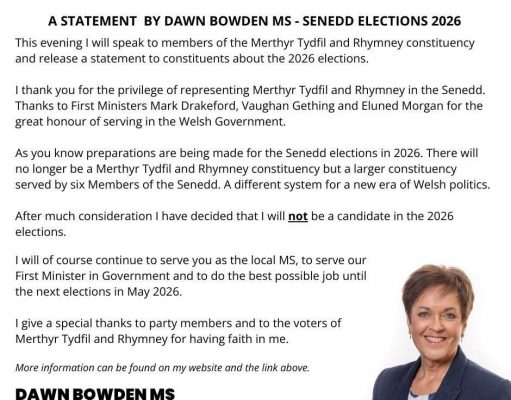 Senedd Member Dawn Bowden won’t be seeking re-election in 2026.