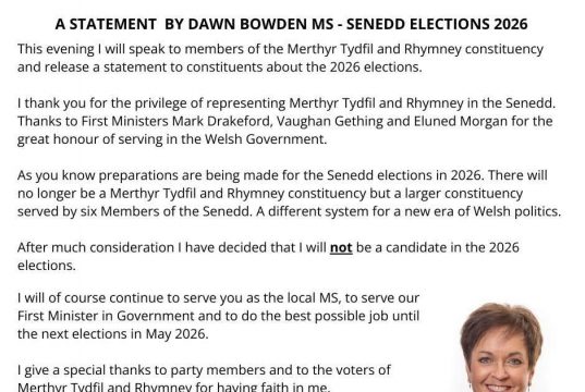 Senedd Member Dawn Bowden won’t be seeking re-election in 2026.