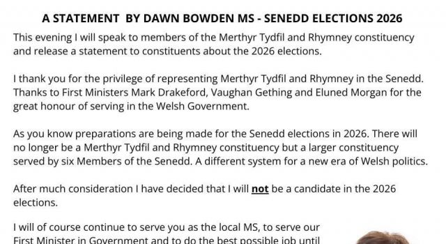 Senedd Member Dawn Bowden won’t be seeking re-election in 2026.
