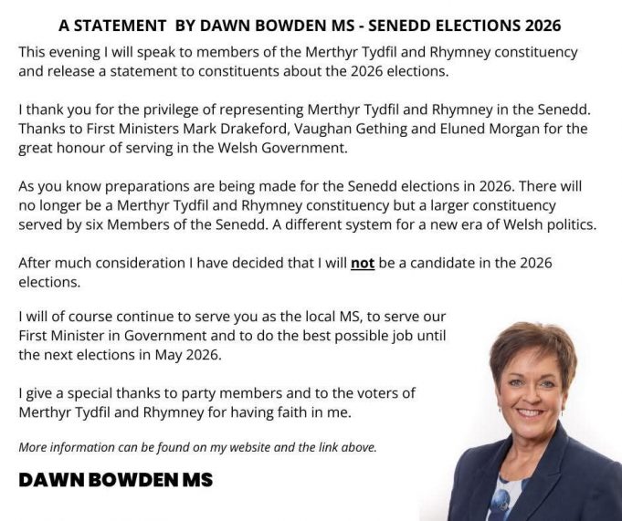 Senedd Member Dawn Bowden won’t be seeking re-election in 2026.
